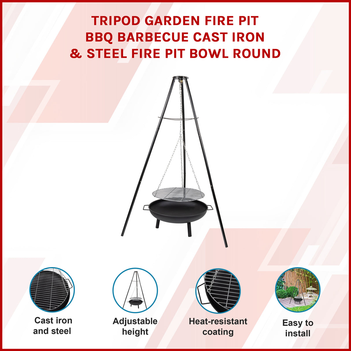 Tripod Garden Fire Pit BBQ &ndash; Cast Iron & Steel Round Outdoor Fire Bowl
