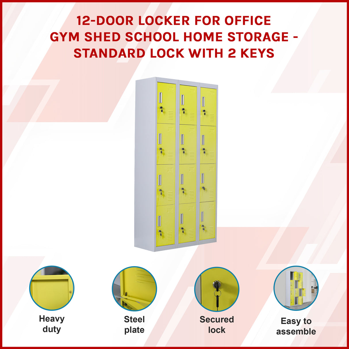 12-Door Locker for Office Gym Shed School Home Storage - Standard Lock with 2 Keys
