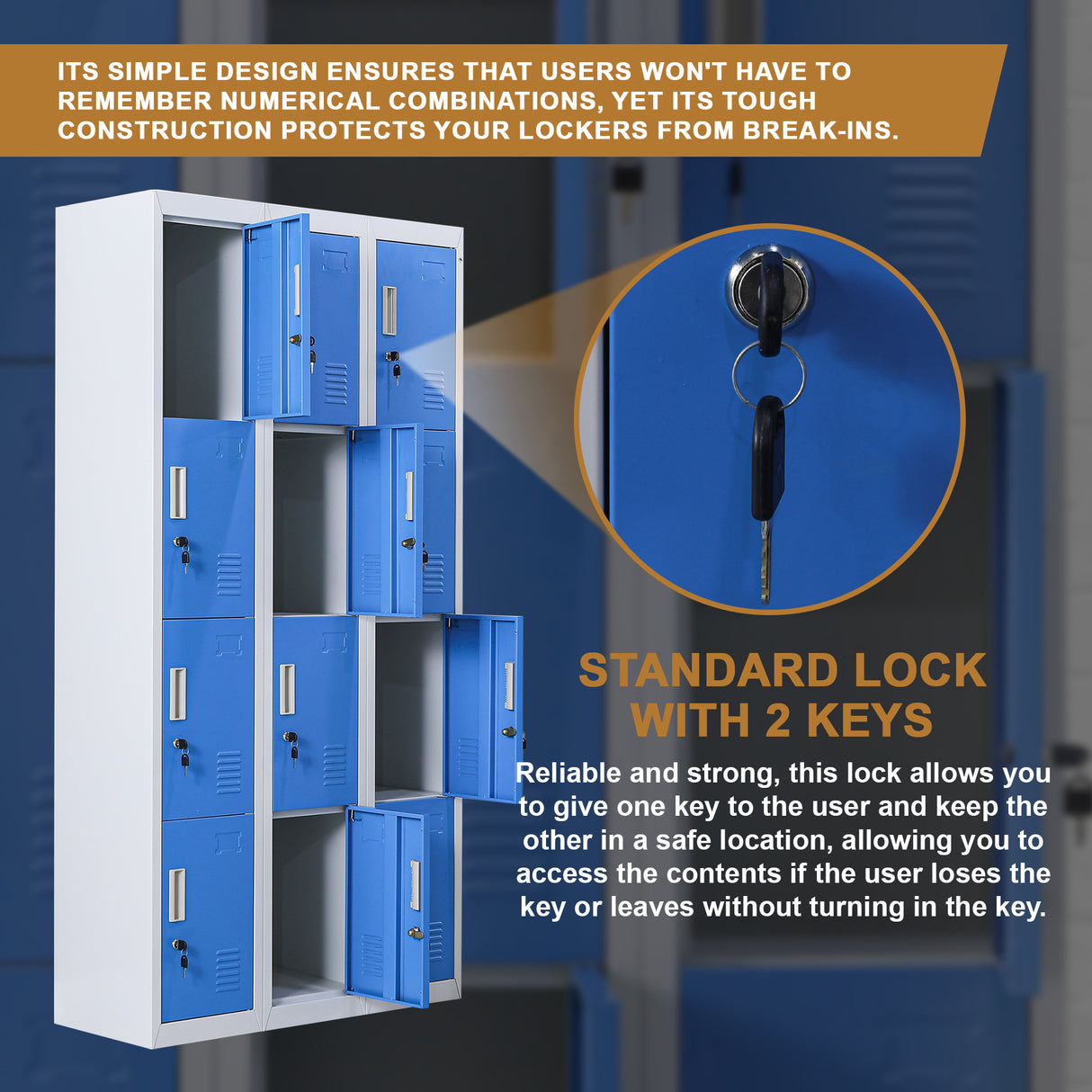 12-Door Locker for Office Gym Shed School Home Storage - Standard Lock with Keys