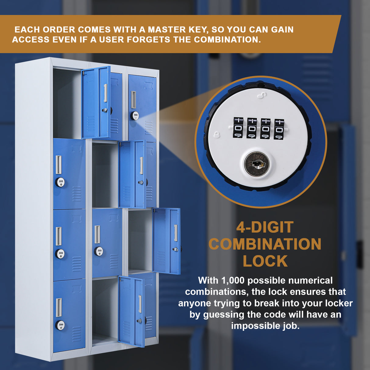 12-Door Locker for Office Gym Shed School Home Storage - 4-Digit Combination Lock