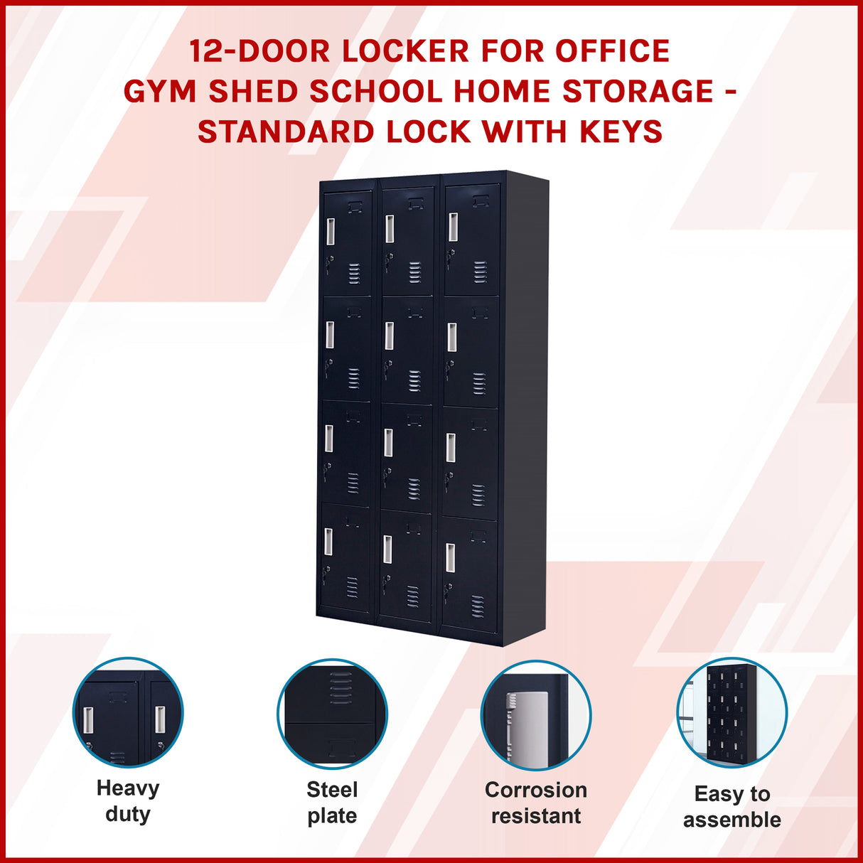 12-Door Locker for Office Gym Shed School Home Storage - Standard Lock with Keys