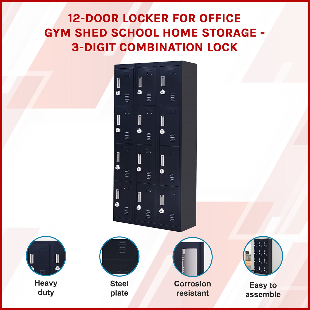 12-Door Locker for Office Gym Shed School Home Storage - 3-Digit Combination Lock