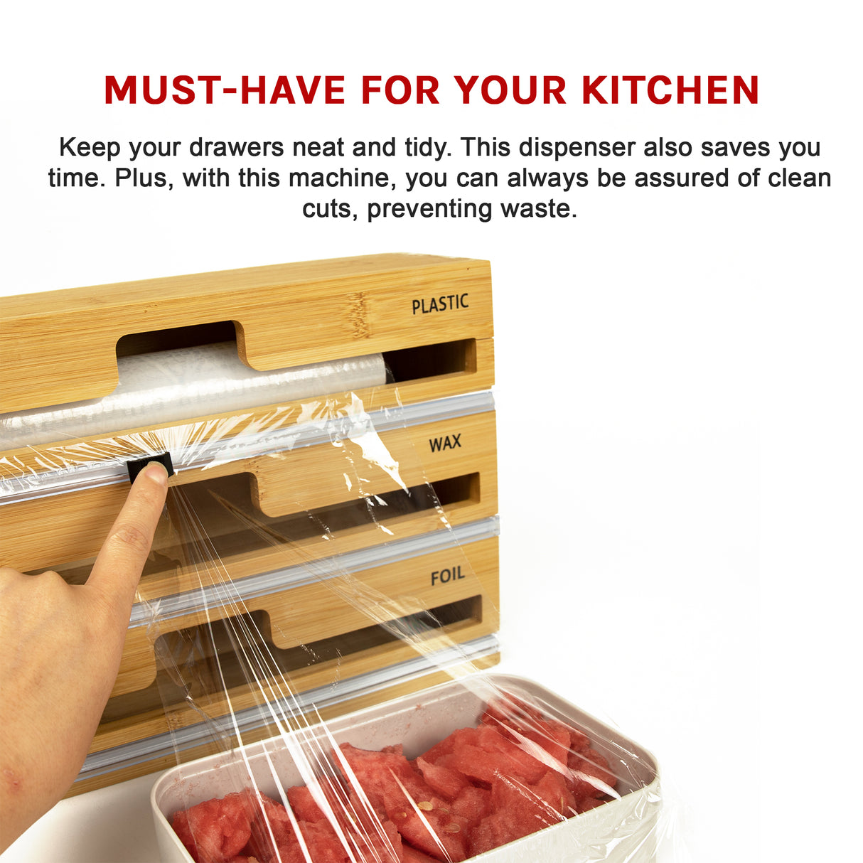 3 Grids Bamboo Food Wrap Dispenser Cutter Foil Cling Film Storage Holder Box Kitchen