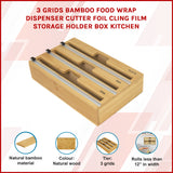 3 Grids Bamboo Food Wrap Dispenser Cutter Foil Cling Film Storage Holder Box Kitchen - Front View