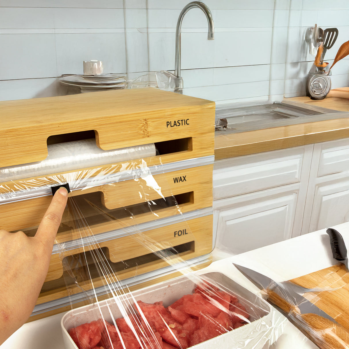 3 Grids Bamboo Food Wrap Dispenser Cutter Foil Cling Film Storage Holder Box Kitchen