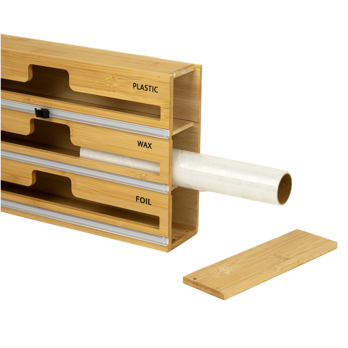 3 Grids Bamboo Food Wrap Dispenser Cutter Foil Cling Film Storage Holder Box Kitchen