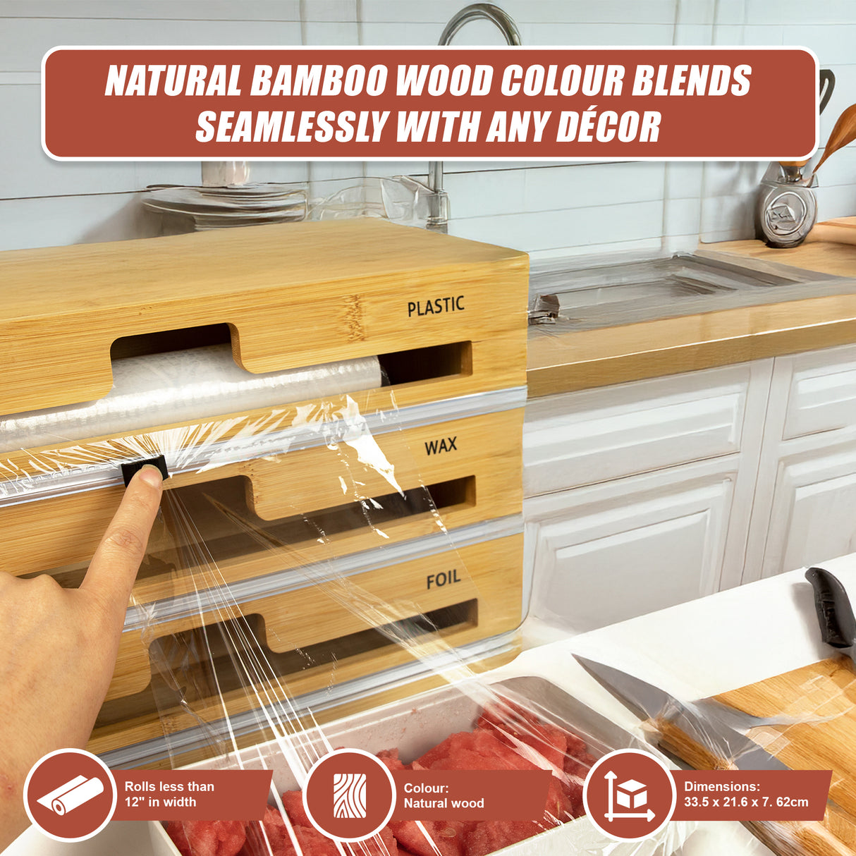 3 Grids Bamboo Food Wrap Dispenser Cutter Foil Cling Film Storage Holder Box Kitchen