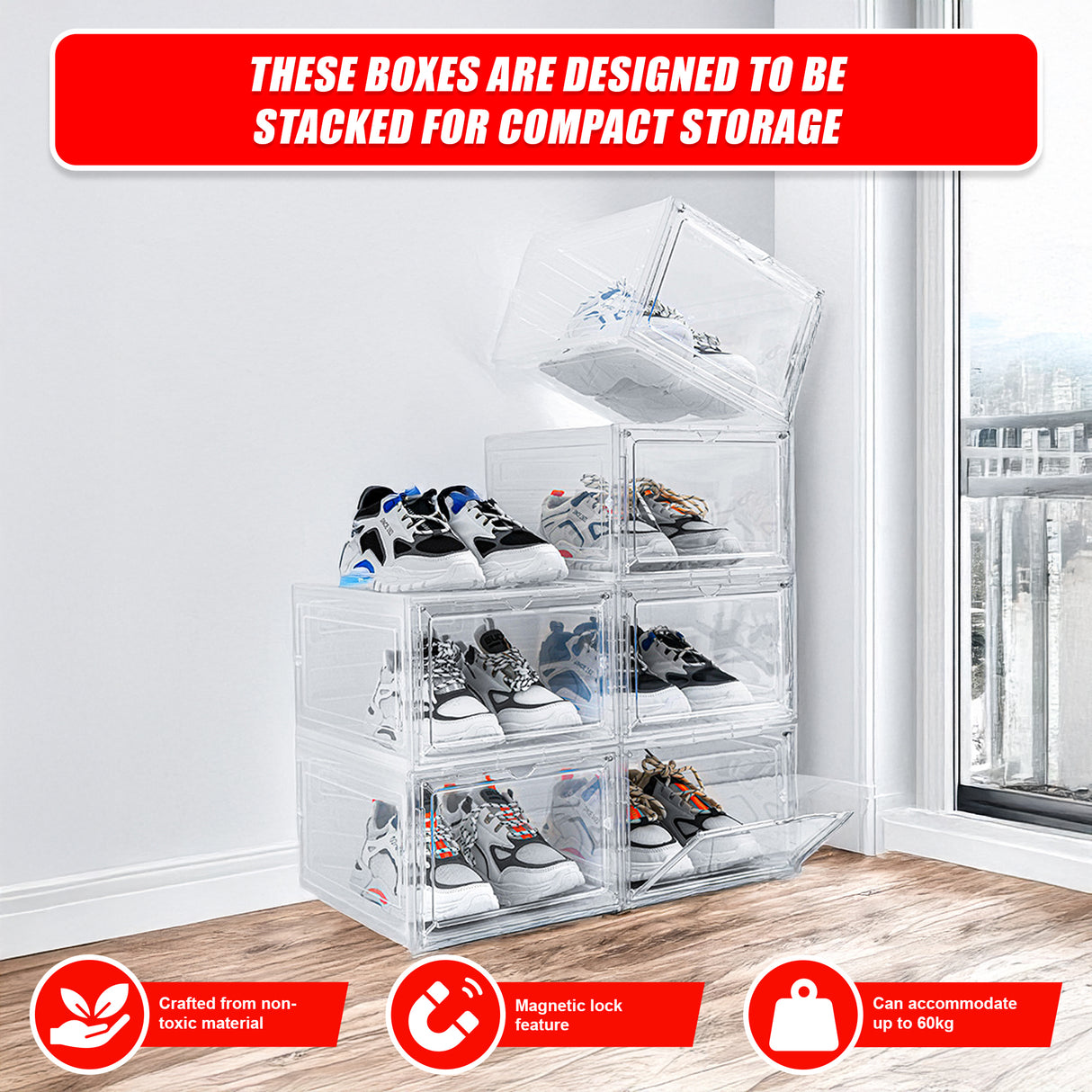 Sneaker Display Case Shoe Storage Organizer Box Stackable Plastic Clear Magnetic
