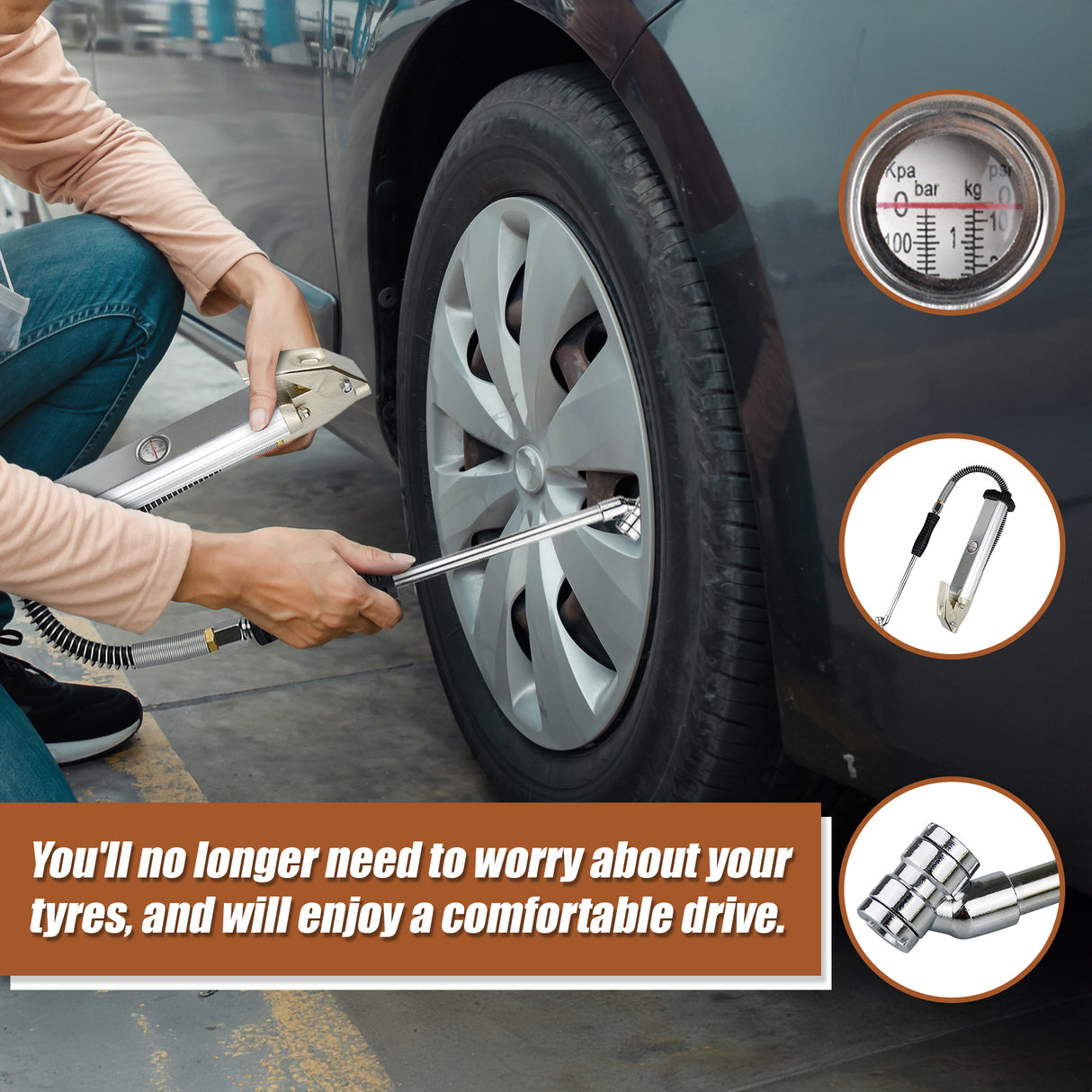 Professional Tyre Inflator with Gauge Air Line Pressure Tester Tyre Pump