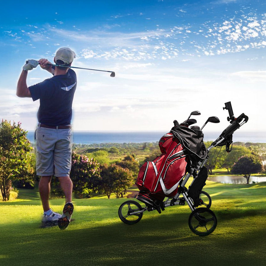 Golf Club Buggy Trolley Cart Compact Foldable 3 Wheel
