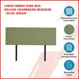 Linen Fabric King Bed Deluxe Headboard Bedhead - Olive Green - Side View