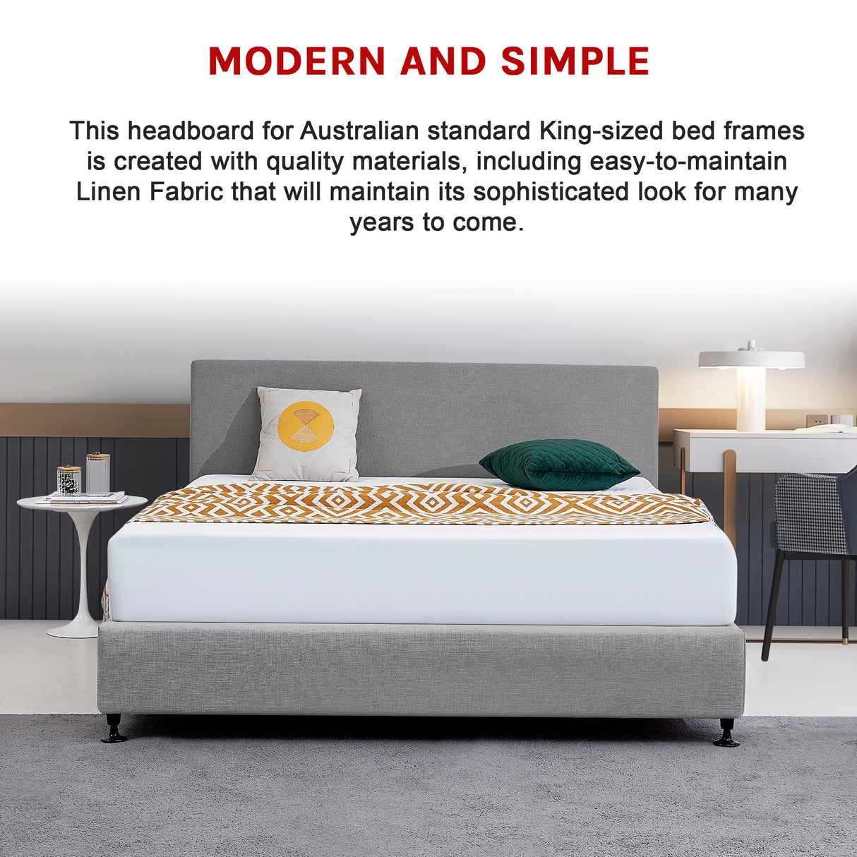 Linen Fabric King Bed Deluxe Headboard Bedhead - Night Ash