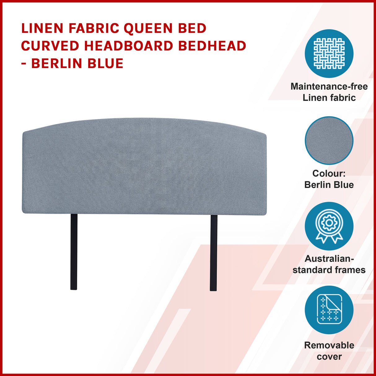 Linen Fabric Queen Bed Curved Headboard Bedhead - Berlin Blue