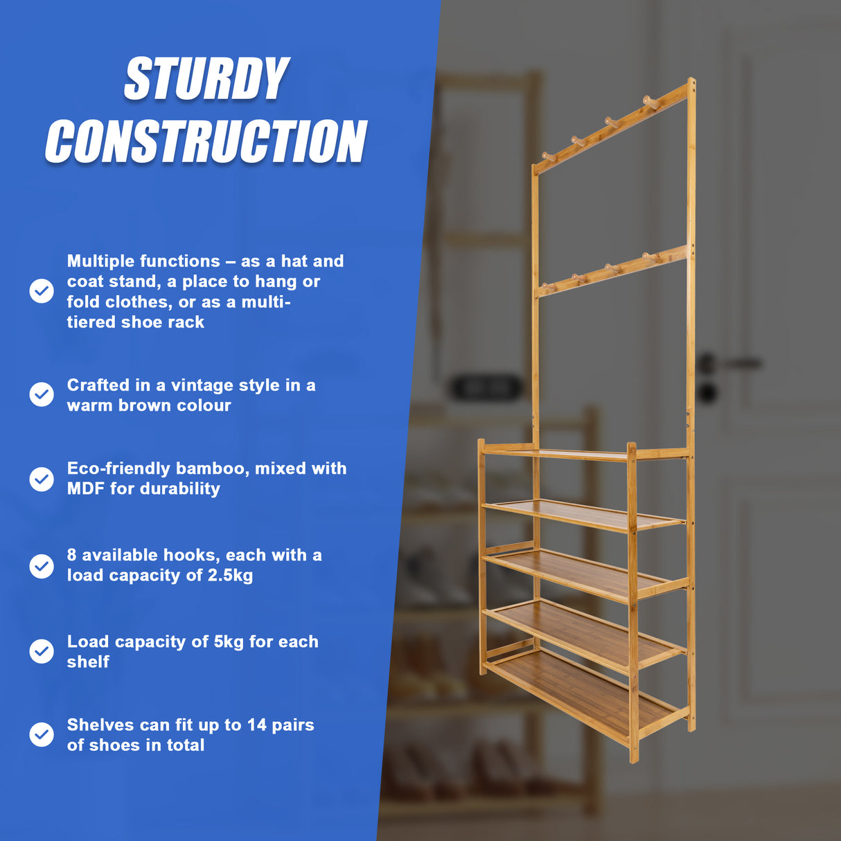 Large Wooden 5 Tiers Hat Coat Stand Clothes Shoe Rack Hanger Hooks Shelf Storage