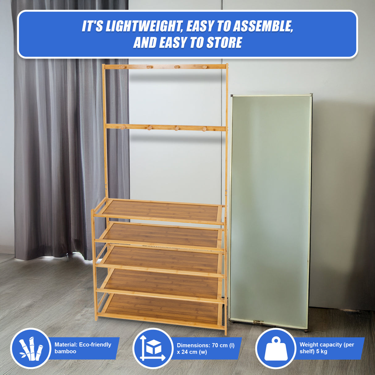 Large Wooden 5 Tiers Hat Coat Stand Clothes Shoe Rack Hanger Hooks Shelf Storage