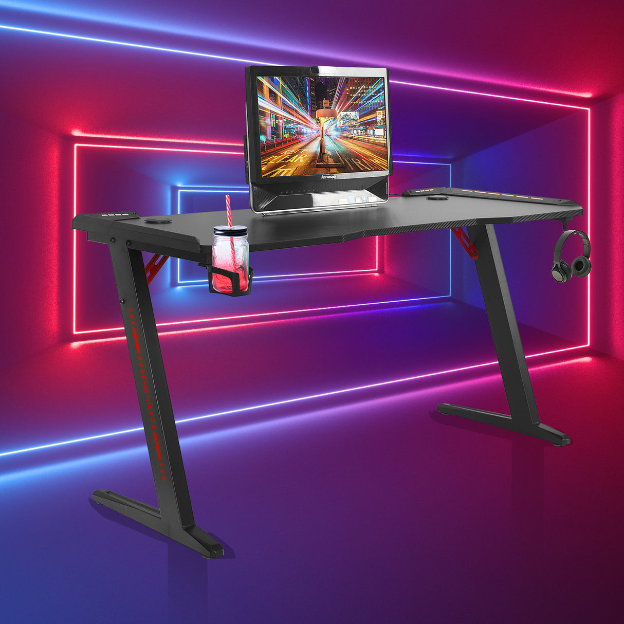 LED Gaming Desk Computer Table with Cup Holder Headphone Hook Cable Hole