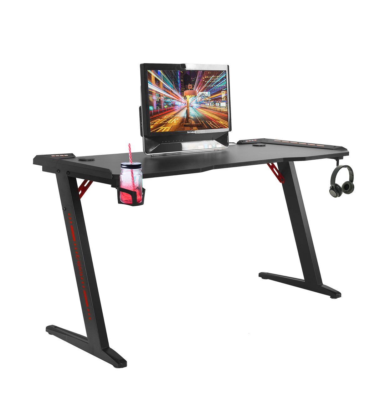 LED Gaming Desk Computer Table with Cup Holder Headphone Hook Cable Hole