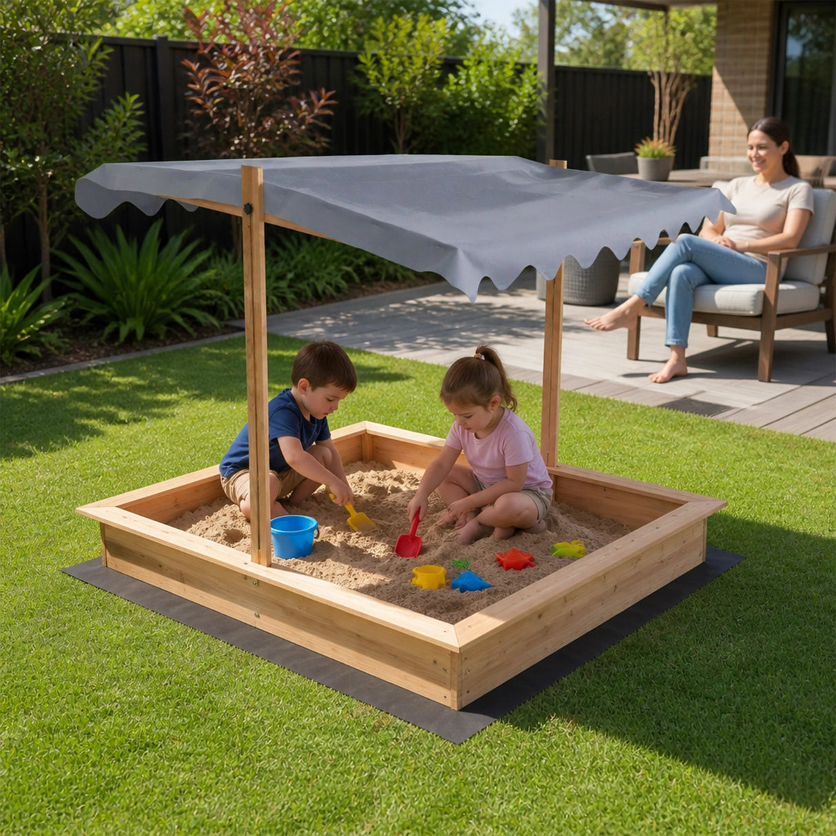 Kids Wooden Toy Sandpit with Adjustable Canopy