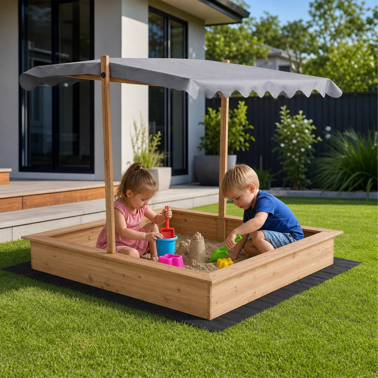 Kids Wooden Toy Sandpit with Adjustable Canopy