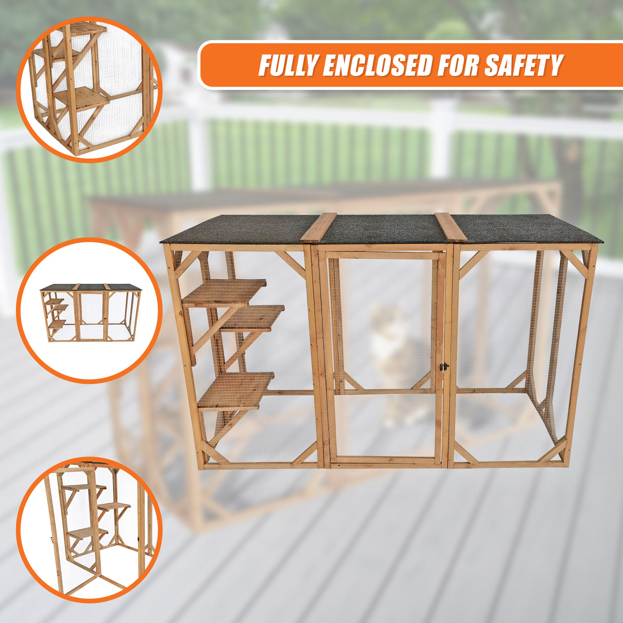 180cm Large Cat Enclosure Wooden Outdoor Cage with 3 Platforms