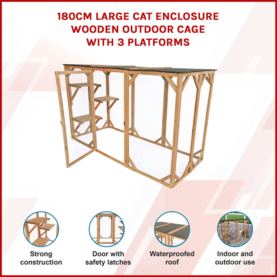 180cm Large Cat Enclosure Wooden Outdoor Cage with 3 Platforms