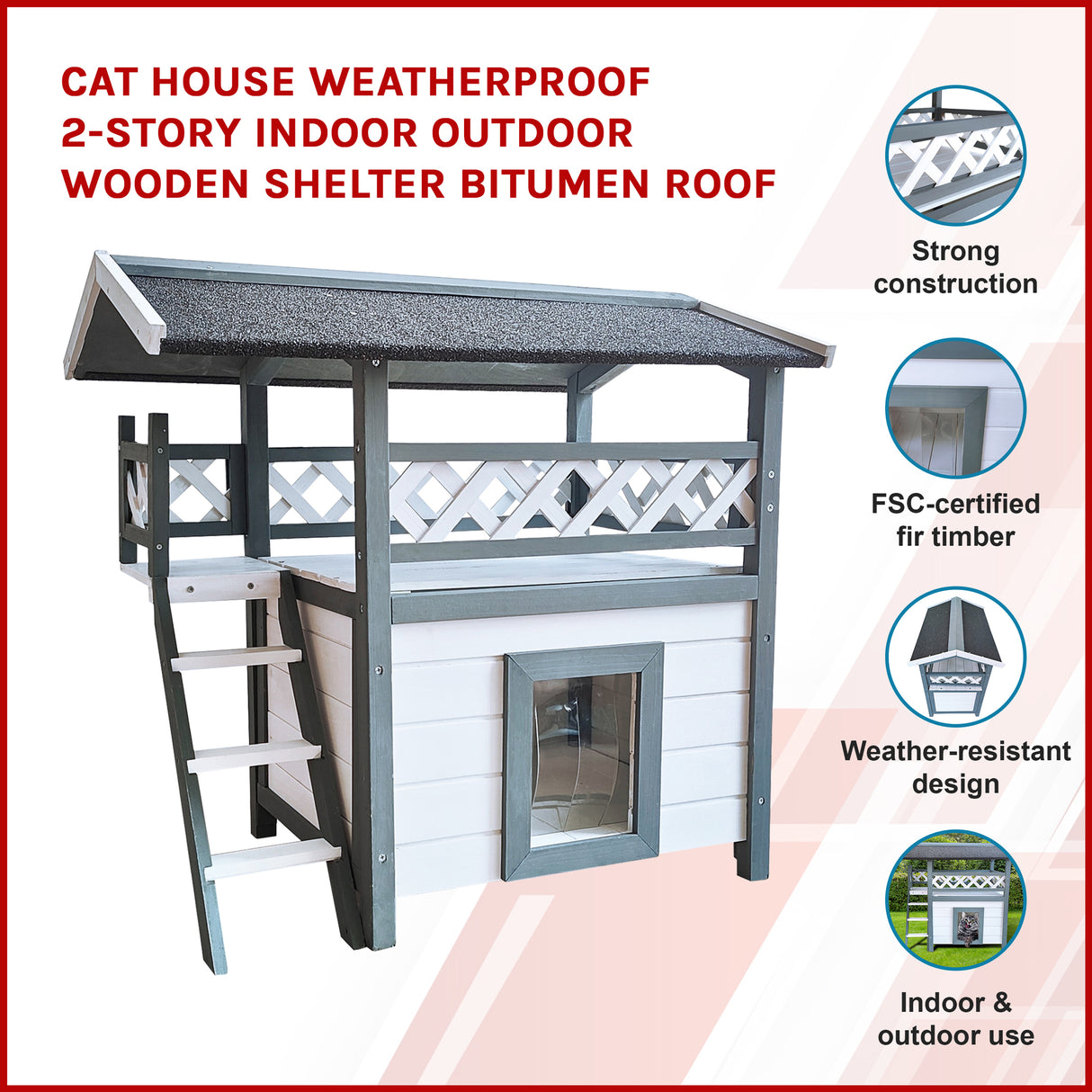 Cat House Weatherproof 2-Story Indoor Outdoor Wooden Shelter Bitumen Roof