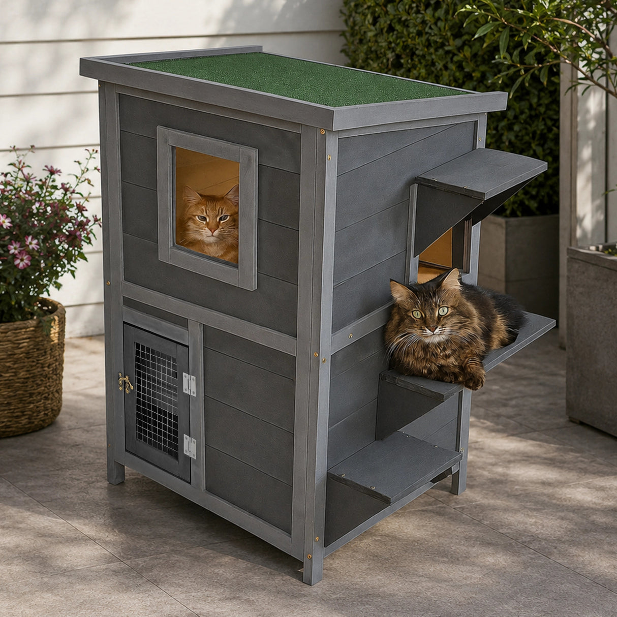 Cat House Weatherproof 2-Story Indoor Outdoor Wooden Shelter Bitumen Roof