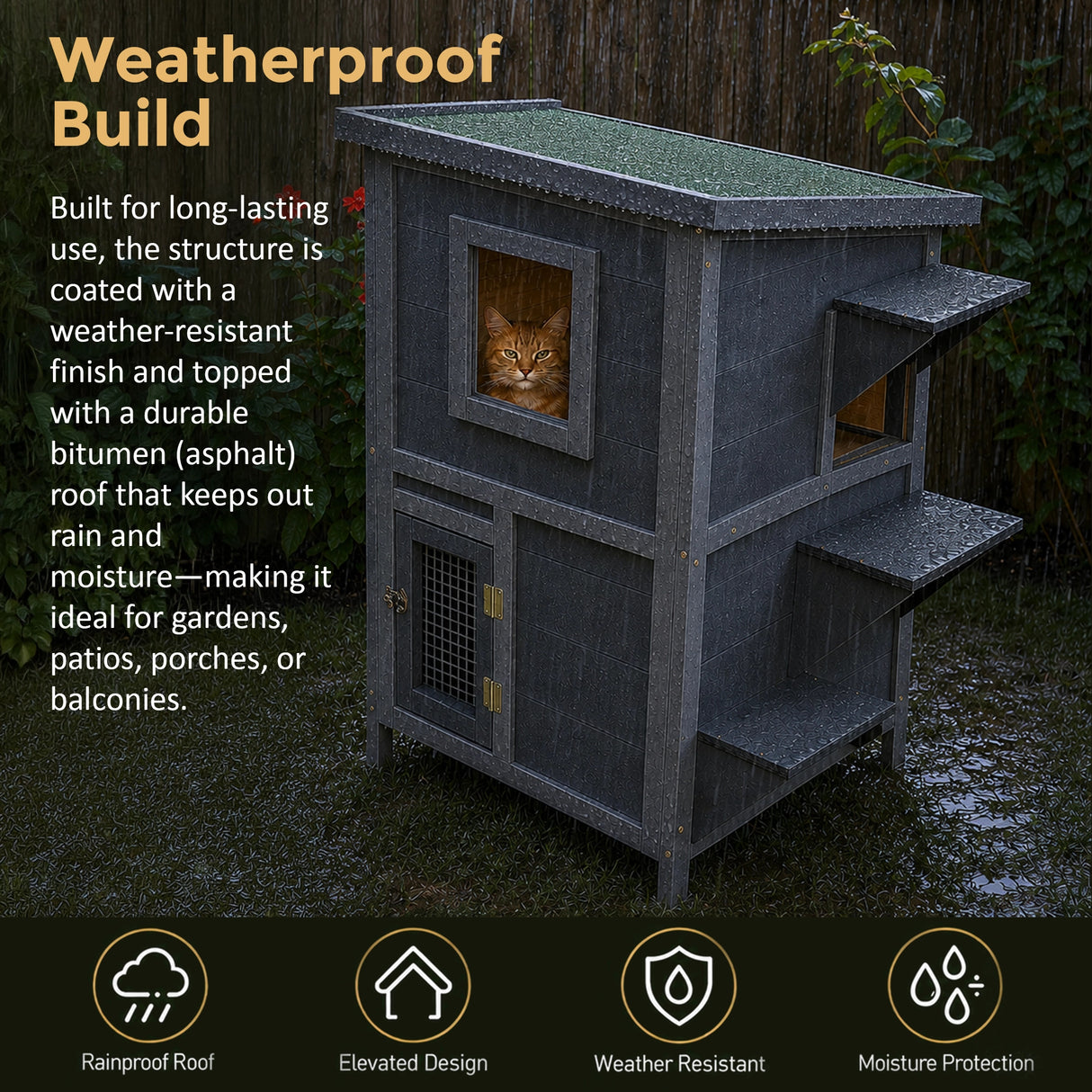 Cat House Weatherproof 2-Story Indoor Outdoor Wooden Shelter Bitumen Roof