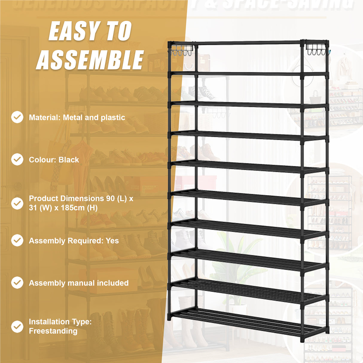 10-Tier Metal Shoe Rack Black &ndash; Large 50-Pair Shoe Storage Organiser Shelf
