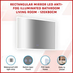 Rectangular Mirror LED Anti-Fog Illuminated Bathroom Living Room - 120x80cm