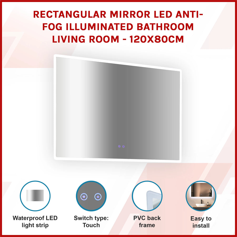 Rectangular Mirror LED Anti-Fog Illuminated Bathroom Living Room - 120x80cm