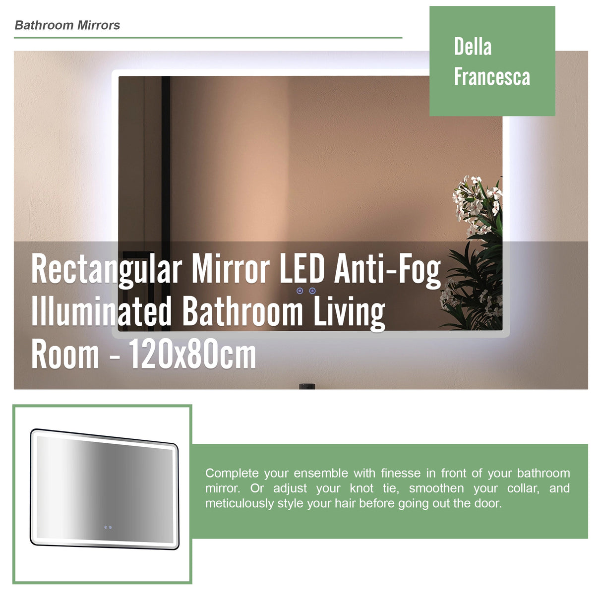 Rectangular Mirror LED Anti-Fog Illuminated Bathroom Living Room - 120x80cm