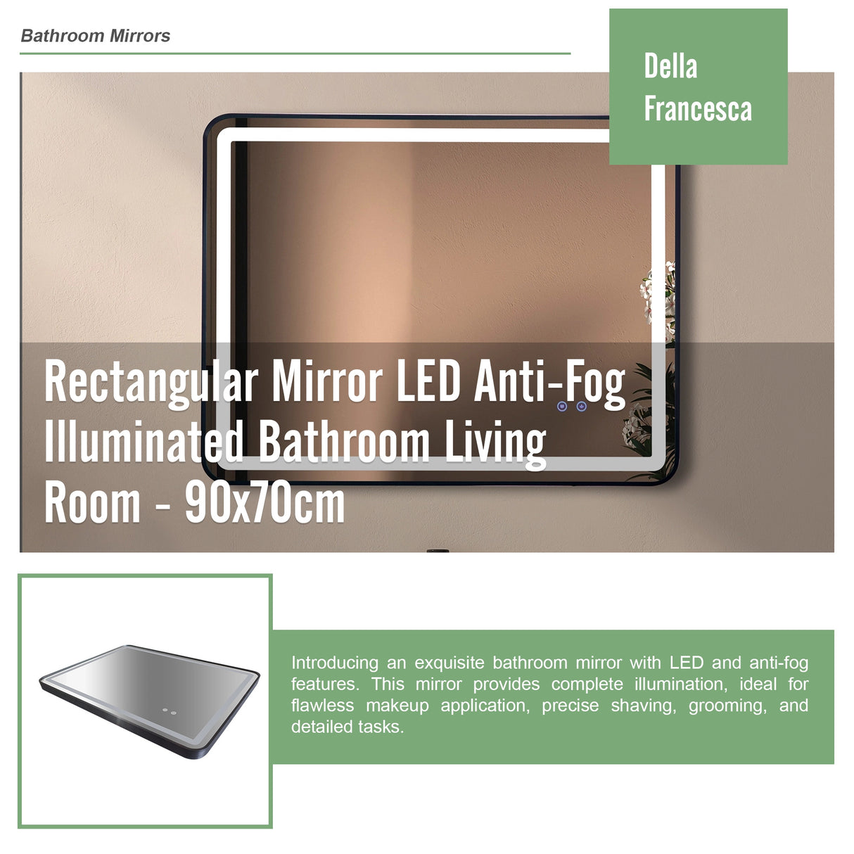 Rectangular Mirror LED Anti-Fog Illuminated Bathroom Living Room - 90x70cm