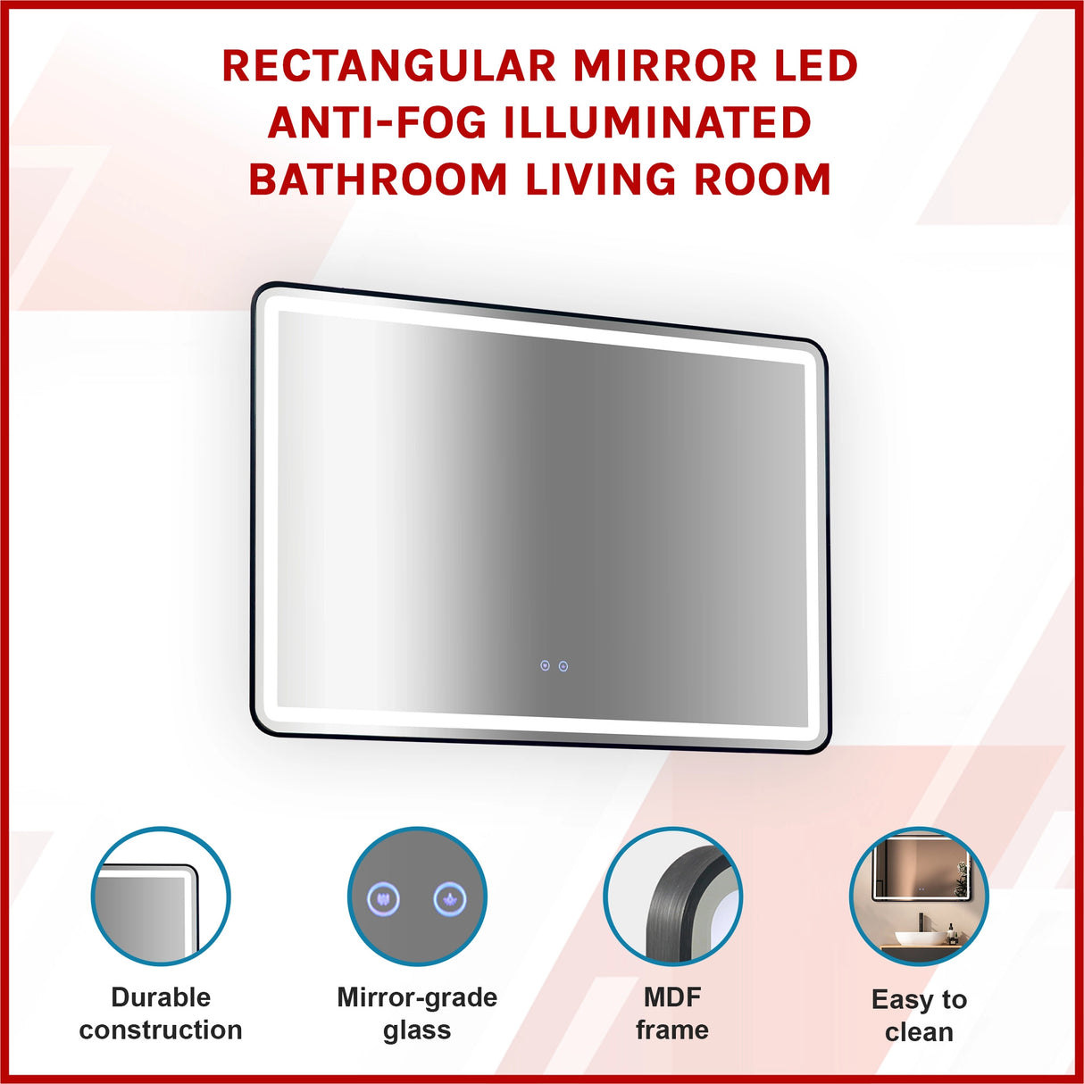 Rectangular Mirror LED Anti-Fog Illuminated Bathroom Living Room
