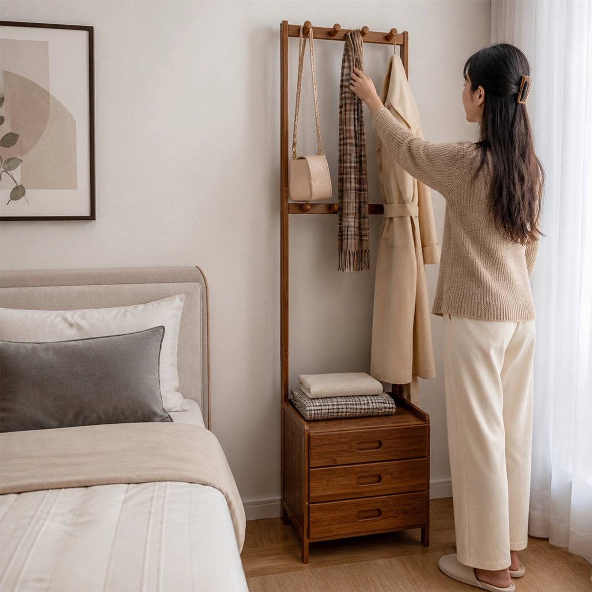 42x165cm Dark Wood Wooden Hall Stand Floor Coat Rack with Drawer Modern Minimalist
