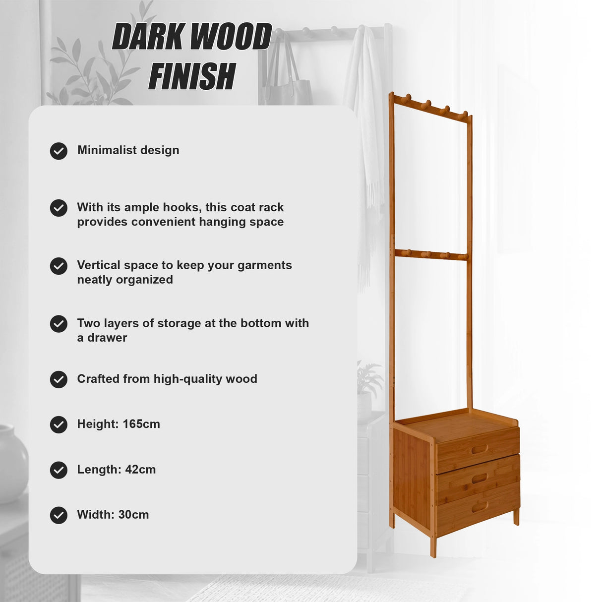 42x165cm Dark Wood Wooden Hall Stand Floor Coat Rack with Drawer Modern Minimalist