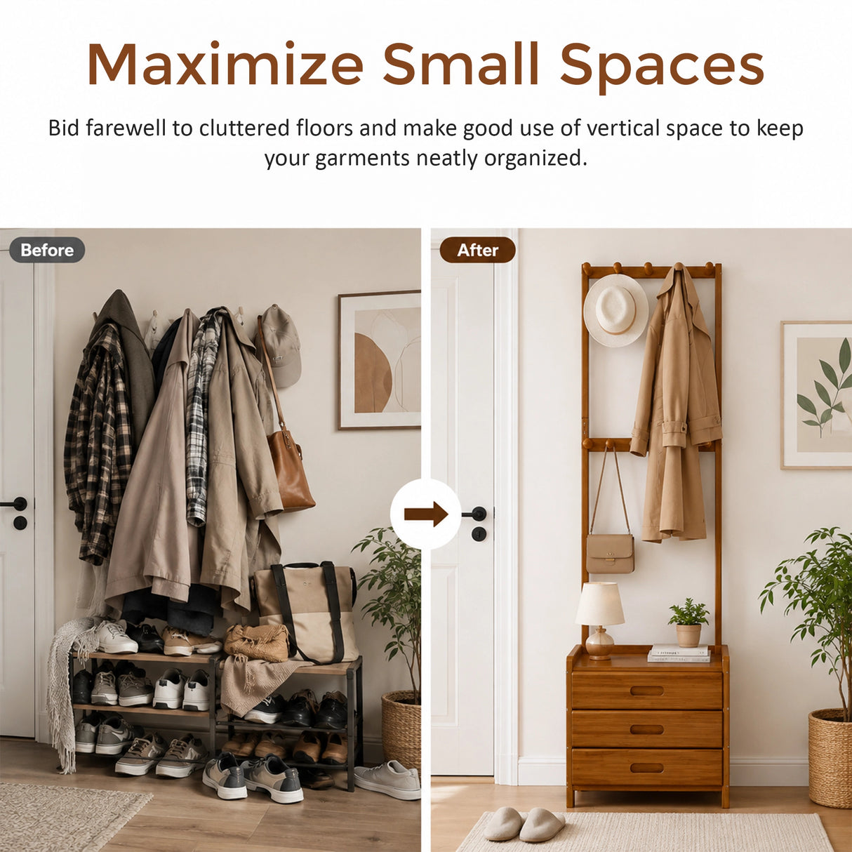 42x165cm Dark Wood Wooden Hall Stand Floor Coat Rack with Drawer Modern Minimalist