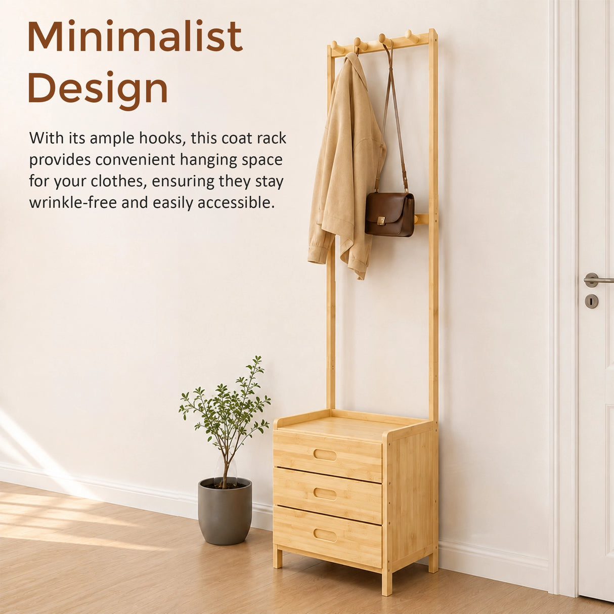 Wooden Hall Stand Floor Coat Rack with Drawer Modern Minimalist Style
