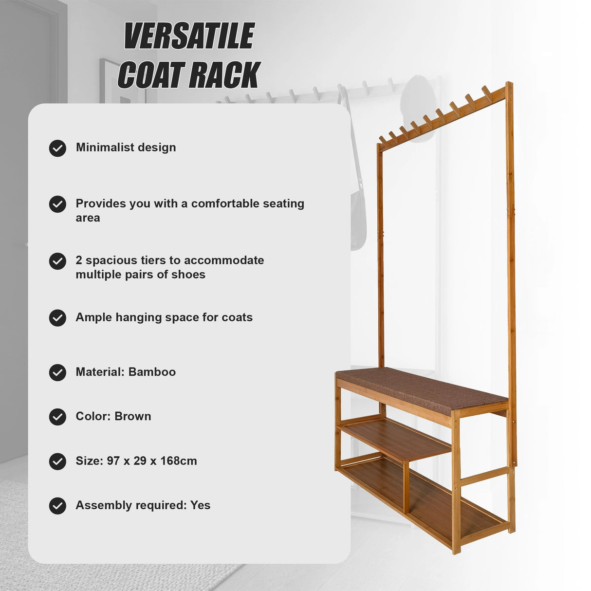 97x168cm Hallway Bench Coat Rack Stand Multifunctional Hall Shelf Entryway