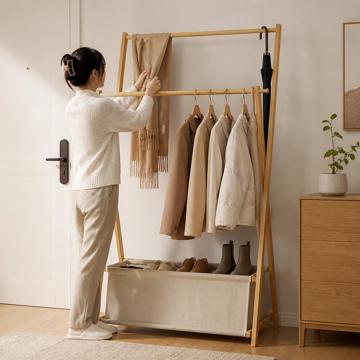100x155cm Wood Clothes Rail Garment Rack with Freestanding Storage Shelf