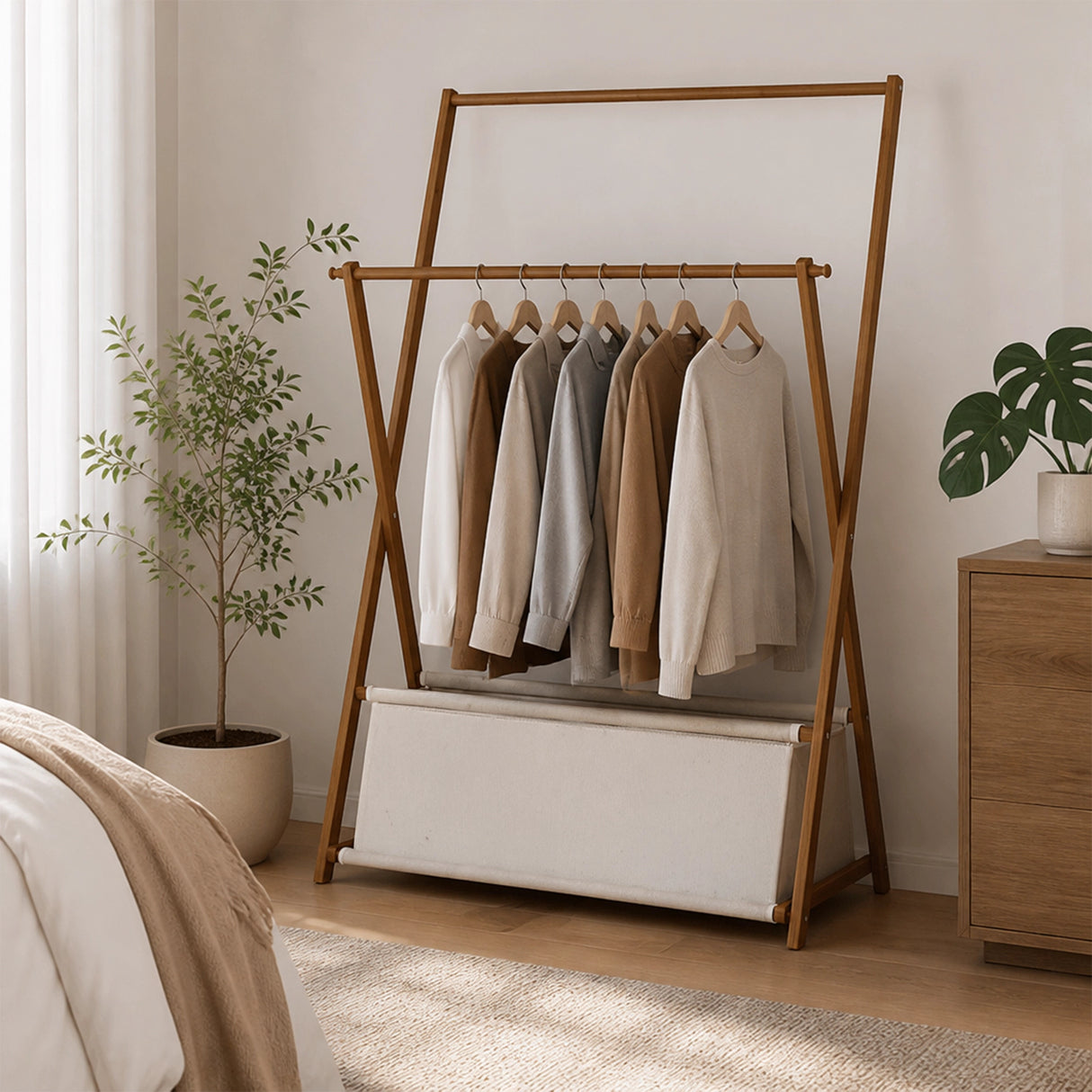 100x155cm Dark Wood Clothes Rail Garment Rack with Freestanding Storage Shelf