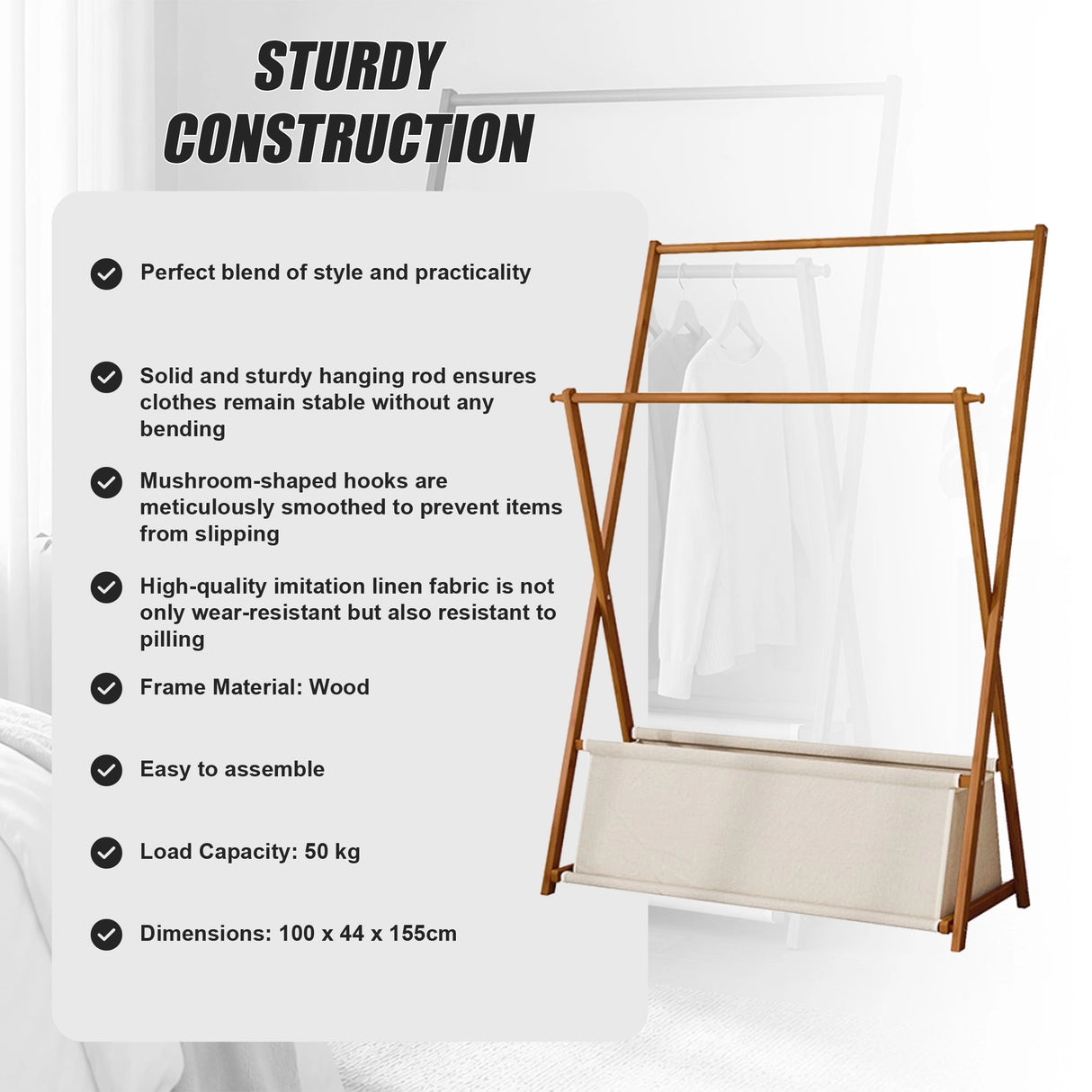 100x155cm Dark Wood Clothes Rail Garment Rack with Freestanding Storage Shelf