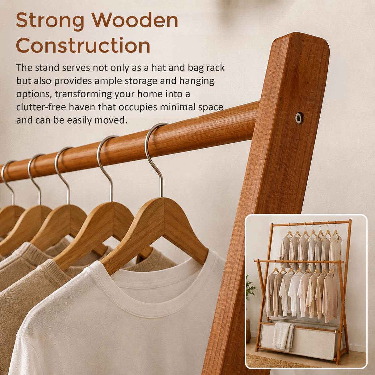 100x155cm Dark Wood Clothes Rail Garment Rack with Freestanding Storage Shelf