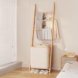Wall Leaning Ladder Shelf with Laundry Basket Clothes Hamper Bath Towel Rack - Front View