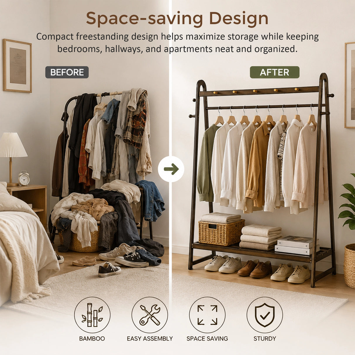 Dark Wood 160x100cm Clothes Rack Slim Stylish Space Saving