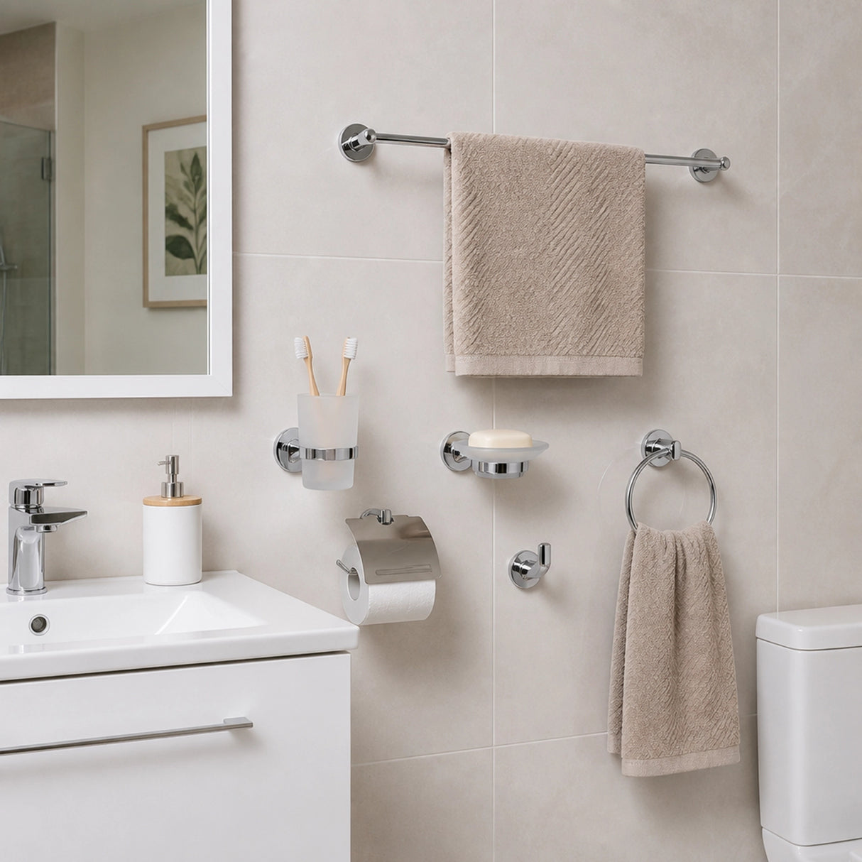 Bathroom Accessories Set 6 Piece Pack Chrome Wall Mounted Easy Fittings