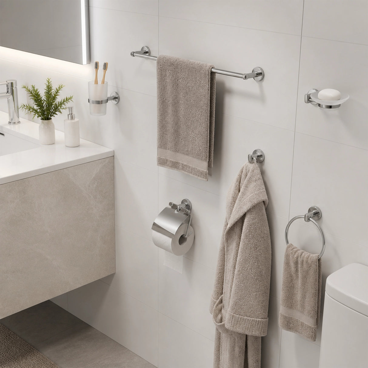 Bathroom Accessories Set 6 Piece Pack Chrome Wall Mounted Easy Fittings
