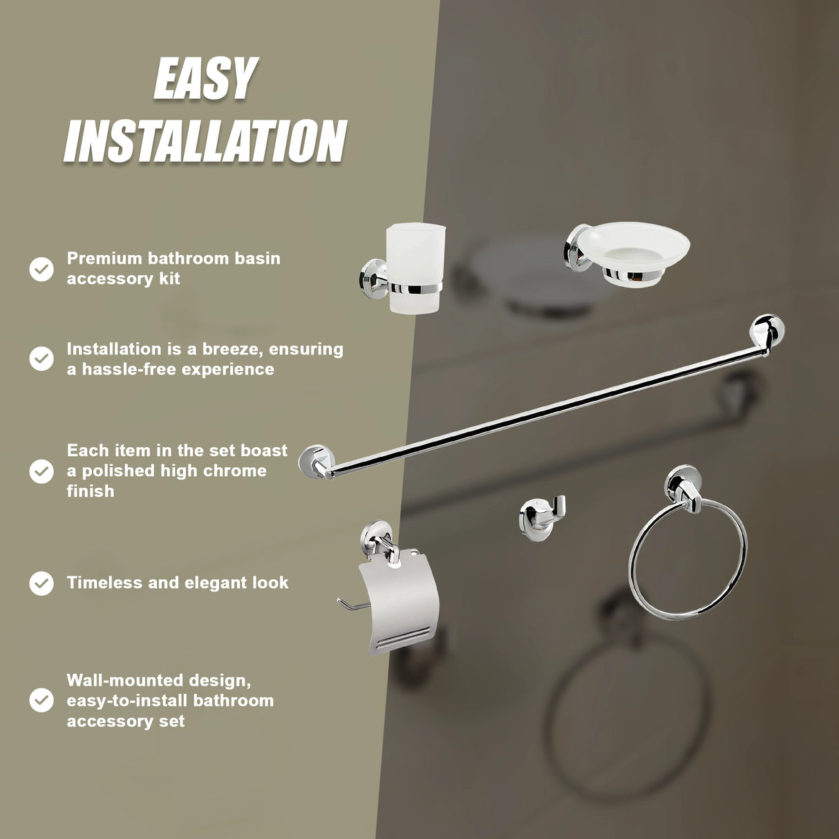 Bathroom Accessories Set 6 Piece Pack Chrome Wall Mounted Easy Fittings