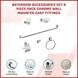 Bathroom Accessories Set 6 Piece Pack Chrome Wall Mounted Easy Fittings