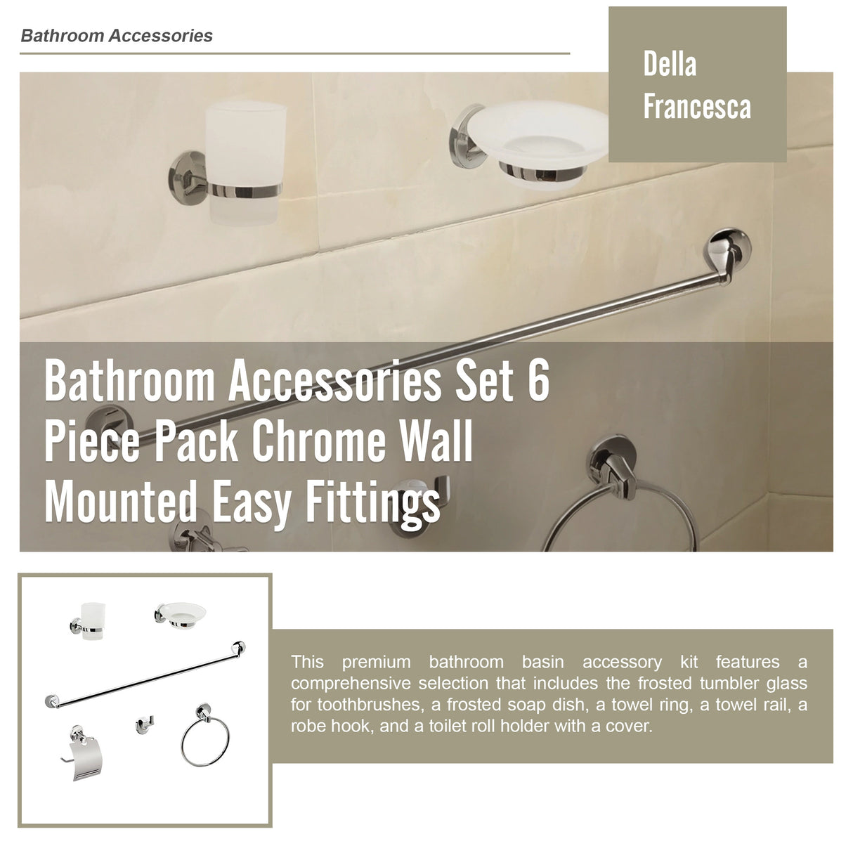 Bathroom Accessories Set 6 Piece Pack Chrome Wall Mounted Easy Fittings